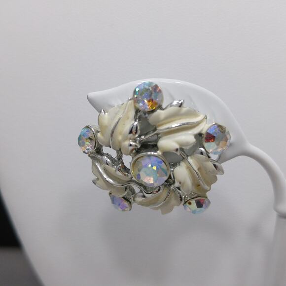 White Enamel Aurora Borealis Necklace & Earrings, Rhodium Plated, Wedding - Picture 9 of 10